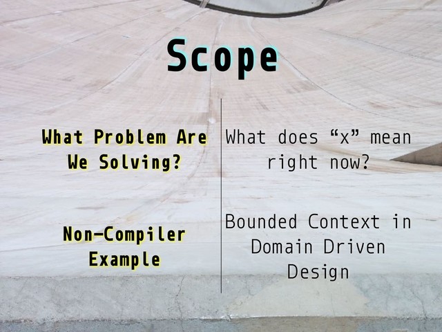 Scope
What Problem Are
We Solving?
What does “x” mean
right now?
Non-Compiler
Example
Bounded Context in
Domain Driven
Design
