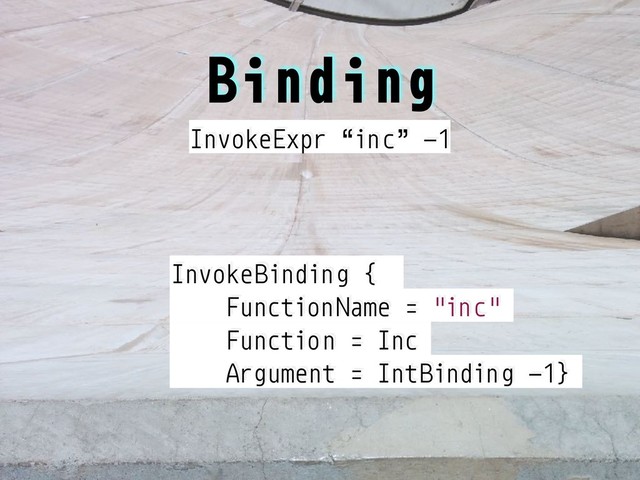 InvokeBinding {
FunctionName = "inc"
Function = Inc
Argument = IntBinding -1}
Binding
InvokeExpr “inc” -1
