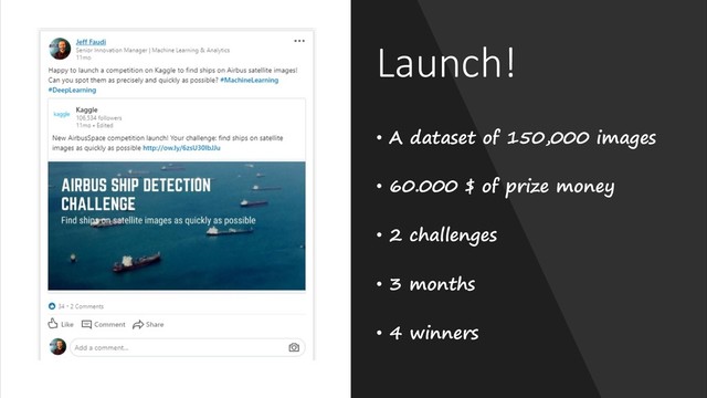 Launch!
• A dataset of 150,000 images
• 60.000 $ of prize money
• 2 challenges
• 3 months
• 4 winners
