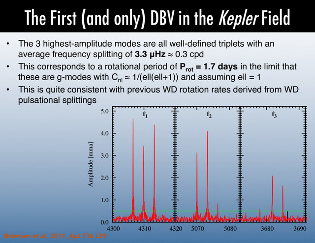 The First (and only) DBV in the Kepler Field
•  The 3 highest-amplitude modes are all well-deﬁned triplets with an
average frequency splitting of 3.3 μHz ≈ 0.3 cpd!
•  This corresponds to a rotational period of Prot
= 1.7 days in the limit that
these are g-modes with Cnl
≈ 1/(ell(ell+1)) and assuming ell = 1!
•  This is quite consistent with previous WD rotation rates derived from WD
pulsational splittings!
Østensen et al. 2011, ApJ 736 L39
0
1
2
3
4
5
2000 3000 4000 5000 6000 7000
Amplitude [mma]
1
f2
f3
f4
f5
f6
f7
f8 8flc
9flc
0.0
1.0
2.0
3.0
4.0
5.0
4300 4310 4320
Amplitude [mma]
f1
5070 5080
f2
3680 3690
f3
2.0
