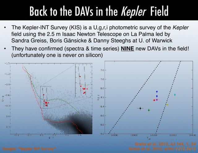 Back to the DAVs in the Kepler Field
•  The Kepler-INT Survey (KIS) is a U,g,r,i photometric survey of the Kepler
ﬁeld using the 2.5 m Isaac Newton Telescope on La Palma led by 
Sandra Greiss, Boris Gänsicke & Danny Steeghs at U. of Warwick!
•  They have conﬁrmed (spectra & time series) NINE new DAVs in the ﬁeld!
(unfortunately one is never on silicon)!
Greiss et al. 2012, AJ 144, 1, 24
Greiss et al. 2012, arXiv:1212.3613
Google: “Kepler INT Survey”
