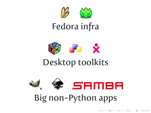 Fedora infra
Desktop toolkits
Big non-Python apps
