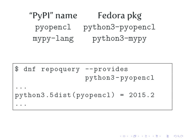 “PyPI” name Fedora pkg
pyopencl python3-pyopencl
mypy-lang python3-mypy
$ dnf repoquery --provides
python3 -pyopencl
...
python3.5dist(pyopencl) = 2015.2
...
