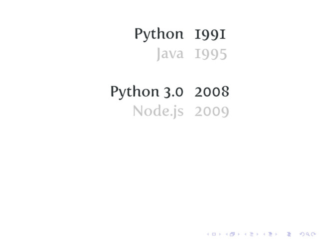 Python 1991
Java 1995
Python 3.0 2008
Node.js 2009
