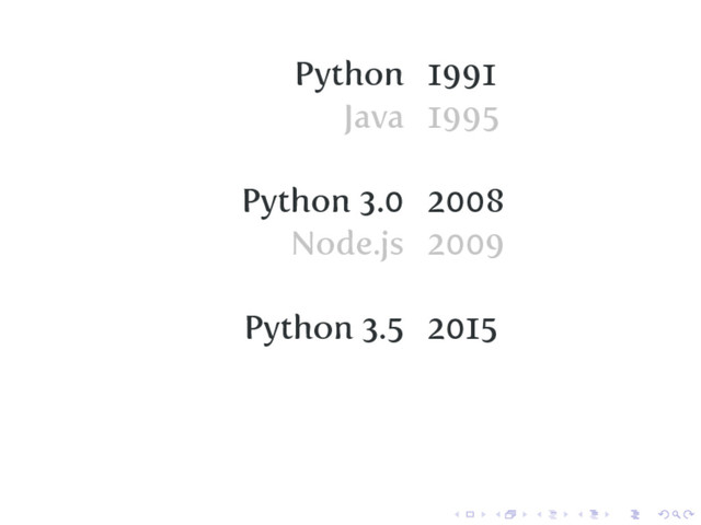 Python 1991
Java 1995
Python 3.0 2008
Node.js 2009
Python 3.5 2015
