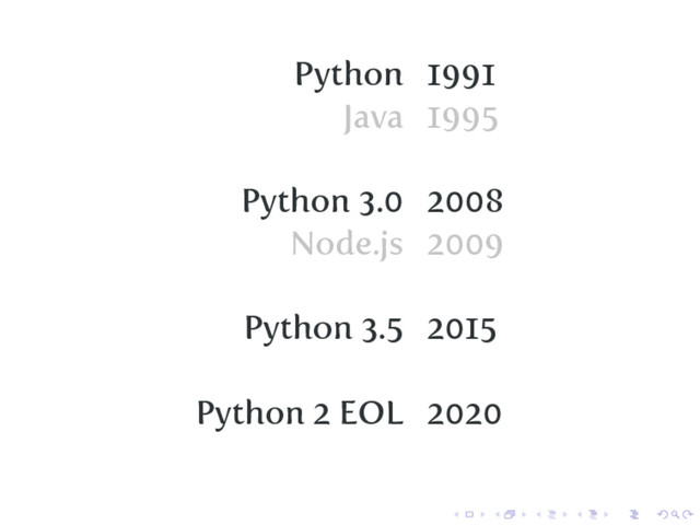 Python 1991
Java 1995
Python 3.0 2008
Node.js 2009
Python 3.5 2015
Python 2 EOL 2020
