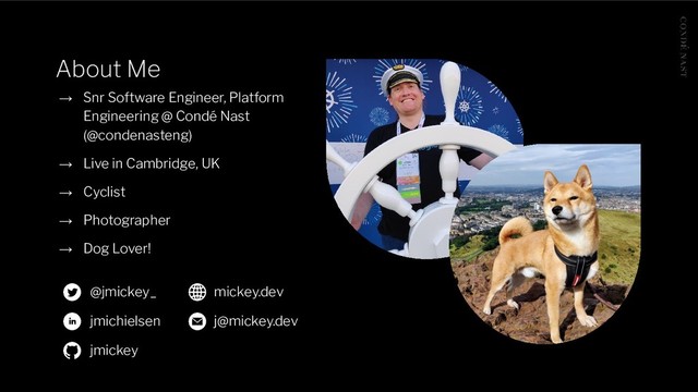 About Me
→ Snr Software Engineer, Platform
Engineering @ Condé Nast
(@condenasteng)
→ Live in Cambridge, UK
→ Cyclist
→ Photographer
→ Dog Lover!
@jmickey_
jmichielsen
jmickey
mickey.dev
j@mickey.dev
