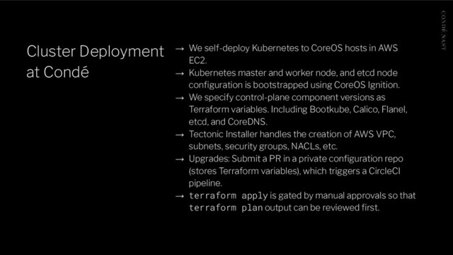 Cluster Deployment
at Condé
→ We self-deploy Kubernetes to CoreOS hosts in AWS
EC2.
→ Kubernetes master and worker node, and etcd node
conﬁguration is bootstrapped using CoreOS Ignition.
→ We specify control-plane component versions as
Terraform variables. Including Bootkube, Calico, Flanel,
etcd, and CoreDNS.
→ Tectonic Installer handles the creation of AWS VPC,
subnets, security groups, NACLs, etc.
→ Upgrades: Submit a PR in a private conﬁguration repo
(stores Terraform variables), which triggers a CircleCI
pipeline.
→ terraform apply is gated by manual approvals so that
terraform plan output can be reviewed ﬁrst.
