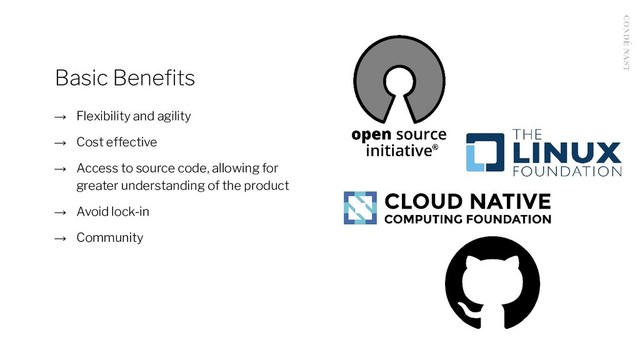 Basic Beneﬁts
→ Flexibility and agility
→ Cost effective
→ Access to source code, allowing for
greater understanding of the product
→ Avoid lock-in
→ Community
