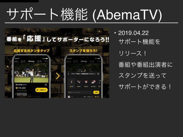 αϙʔτػೳ (AbemaTV)
• 2019.04.22 
αϙʔτػೳΛ 
ϦϦʔεʂ 
൪૊΍൪૊ग़ԋऀʹ
ελϯϓΛૹͬͯ 
αϙʔτ͕Ͱ͖Δʂ
