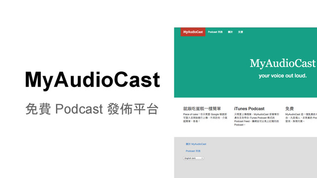 MyAudioCast
免費 Podcast 發佈平台
