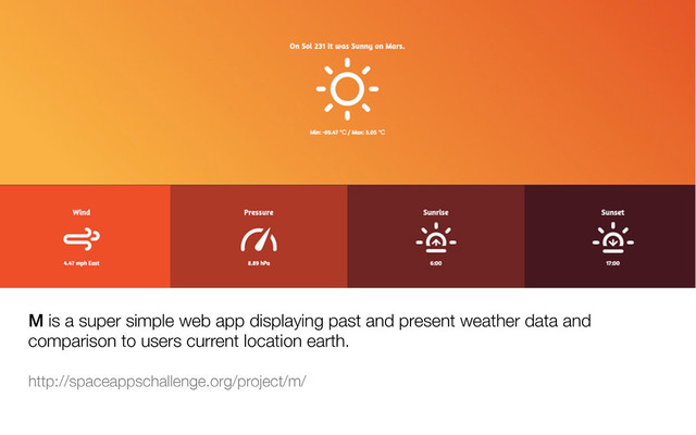 M is a super simple web app displaying past and present weather data and
comparison to users current location earth.

http://spaceappschallenge.org/project/m/

