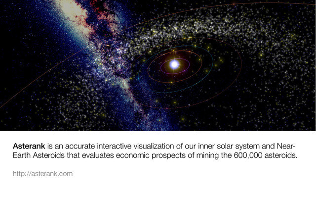 Asterank is an accurate interactive visualization of our inner solar system and Near-
Earth Asteroids that evaluates economic prospects of mining the 600,000 asteroids. 

http://asterank.com 


