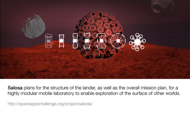 Salosa plans for the structure of the lander, as well as the overall mission plan, for a
highly modular mobile laboratory to enable exploration of the surface of other worlds. 

http://spaceappschallenge.org/project/salsola/



