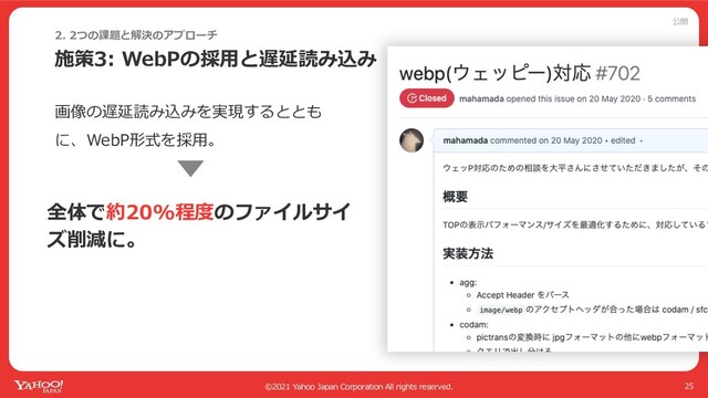 公開
©2021 Yahoo Japan Corporation All rights reserved.
施策3: WebPの採⽤と遅延読み込み
25
2. 2つの課題と解決のアプローチ
画像の遅延読み込みを実現するととも
に、WebP形式を採⽤。
全体で約20%程度のファイルサイ
ズ削減に。
