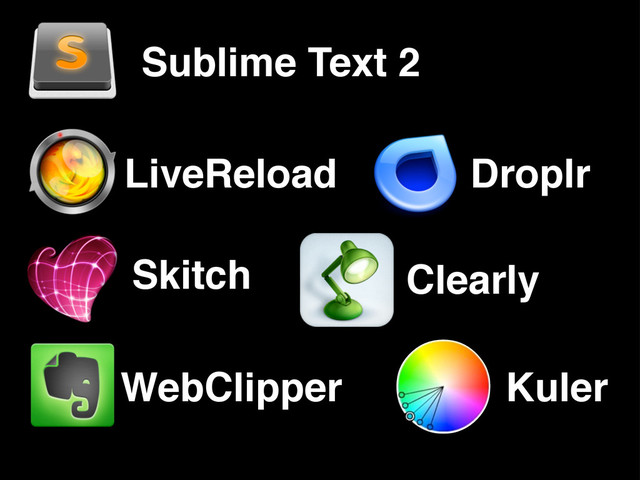 Sublime Text 2
LiveReload
Clearly
Droplr
Skitch
WebClipper Kuler
