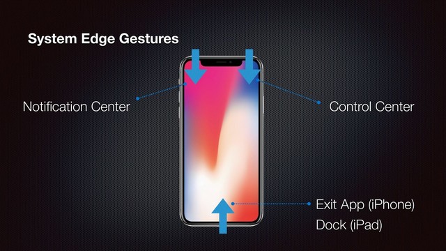 System Edge Gestures
Notiﬁcation Center Control Center
Exit App (iPhone)
Dock (iPad)

