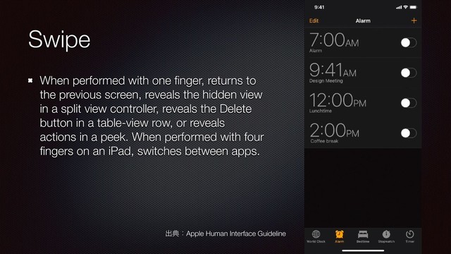 Swipe
When performed with one ﬁnger, returns to
the previous screen, reveals the hidden view
in a split view controller, reveals the Delete
button in a table-view row, or reveals
actions in a peek. When performed with four
ﬁngers on an iPad, switches between apps.
ग़యɿApple Human Interface Guideline

