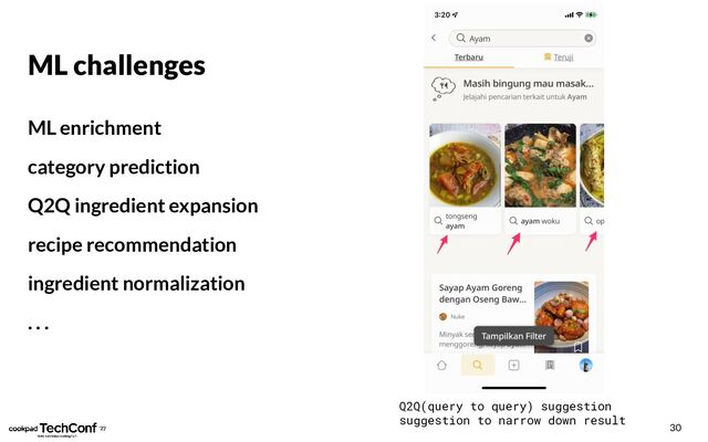 ML challenges
ML enrichment
category prediction
Q2Q ingredient expansion
recipe recommendation
ingredient normalization
. . .
30
Q2Q(query to query) suggestion
suggestion to narrow down result
