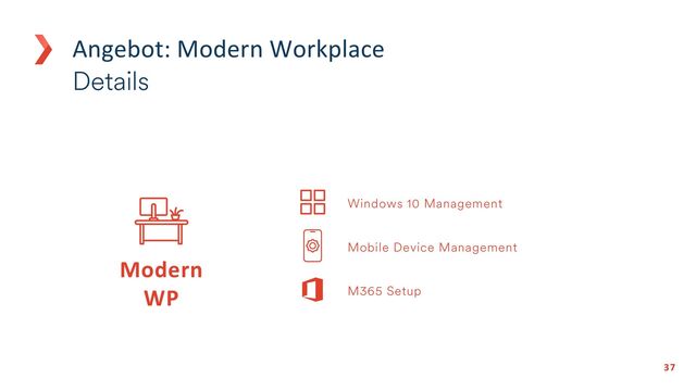 37
37
Modern
WP
Angebot: Modern Workplace
Details
Windows 10 Management
Mobile Device Management
M365 Setup

