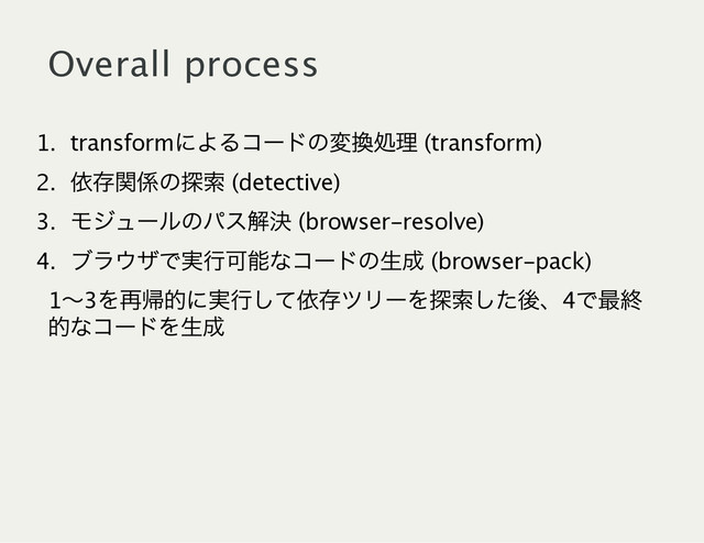 Overall process
1. transform
によるコー
ドの変換処理 (transform)
2.
依存関係の探索 (detective)
3.
モジュー
ルのパス解決 (browser‑resolve)
4.
ブラウザで実行可能なコー
ドの生成 (browser‑pack)
1～3
を再帰的に実行して依存ツリー
を探索した後、4
で最終
的なコー
ドを生成
