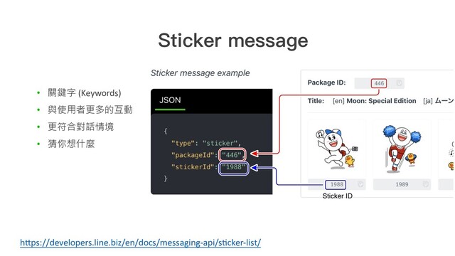 • 關鍵字 (Keywords)
• 與使用者更多的互動
• 更符合對話情境
• 猜你想什麼
h1ps://developers.line.biz/en/docs/messaging-api/s@cker-list/
Sticker message

