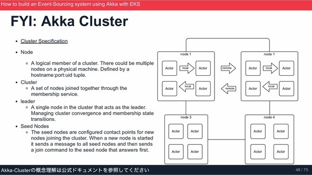 Cluster Specification
Node
A logical member of a cluster. There could be multiple
nodes on a physical machine. Defined by a
hostname:port:uid tuple.
Cluster
A set of nodes joined together through the
membership service.
leader
A single node in the cluster that acts as the leader.
Managing cluster convergence and membership state
transitions.
Seed Nodes
The seed nodes are configured contact points for new
nodes joining the cluster. When a new node is started
it sends a message to all seed nodes and then sends
a join command to the seed node that answers first.
node 4
Actor Actor
Actor
Actor
node 3
Actor Actor
Actor
Actor
node 1
Actor Actor
Actor
Actor
local remote
local
remote
node 1
Actor Actor
Actor
Actor
local
local
FYI: Akka Cluster
How to build an Event­Sourcing system using Akka with EKS
ScalaMatsuri 2019
Akka­Cluster
の概念理解は公式ドキュメントを参照してください 48 / 75
