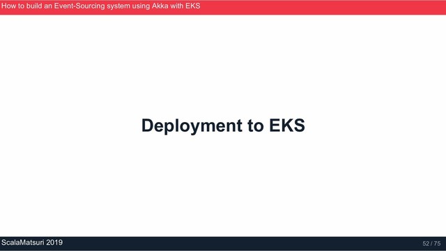 Deployment to EKS
How to build an Event­Sourcing system using Akka with EKS
ScalaMatsuri 2019 52 / 75
