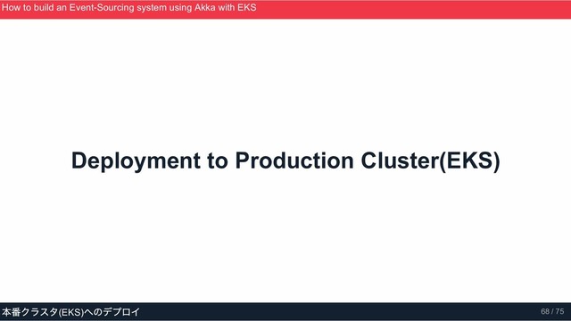 Deployment to Production Cluster(EKS)
How to build an Event­Sourcing system using Akka with EKS
ScalaMatsuri 2019
本番クラスタ(EKS)
へのデプロイ 68 / 75
