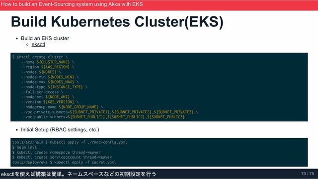 Build Kubernetes Cluster(EKS)
Build an EKS cluster
eksctl
$ eksctl create cluster \
--name ${CLUSTER_NAME} \
--region ${AWS_REGION} \
--nodes ${NODES} \
--nodes-min ${NODES_MIN} \
--nodes-max ${NODES_MAX} \
--node-type ${INSTANCE_TYPE} \
--full-ecr-access \
--node-ami ${NODE_AMI} \
--version ${K8S_VERSION} \
--nodegroup-name ${NODE_GROUP_NAME} \
--vpc-private-subnets=${SUBNET_PRIVATE1},${SUBNET_PRIVATE2},${SUBNET_PRIVATE3} \
--vpc-public-subnets=${SUBNET_PUBLIC1},${SUBNET_PUBLIC2},${SUBNET_PUBLIC3}
Initial Setup (RBAC settings, etc.)
tools/eks/helm $ kubectl apply -f ./rbac-config.yaml
$ helm init
$ kubectl create namespace thread-weaver
$ kubectl create serviceaccount thread-weaver
tools/deploy/eks $ kubectl apply -f secret.yaml
How to build an Event­Sourcing system using Akka with EKS
ScalaMatsuri 2019
eksctl
を使えば構築は簡単。ネームスペースなどの初期設定を行う 70 / 75
