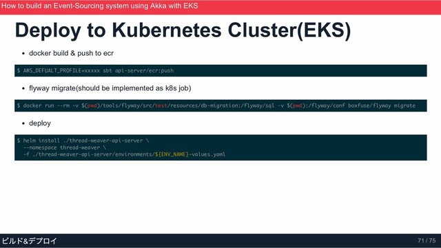 Deploy to Kubernetes Cluster(EKS)
docker build & push to ecr
$ AWS_DEFUALT_PROFILE=xxxxx sbt api-server/ecr:push
flyway migrate(should be implemented as k8s job)
$ docker run --rm -v $(pwd)/tools/flyway/src/test/resources/db-migration:/flyway/sql -v $(pwd):/flyway/conf boxfuse/flyway migrate
deploy
$ helm install ./thread-weaver-api-server \
--namespace thread-weaver \
-f ./thread-weaver-api-server/environments/${ENV_NAME}-values.yaml
How to build an Event­Sourcing system using Akka with EKS
ScalaMatsuri 2019
ビルド&
デプロイ 71 / 75
