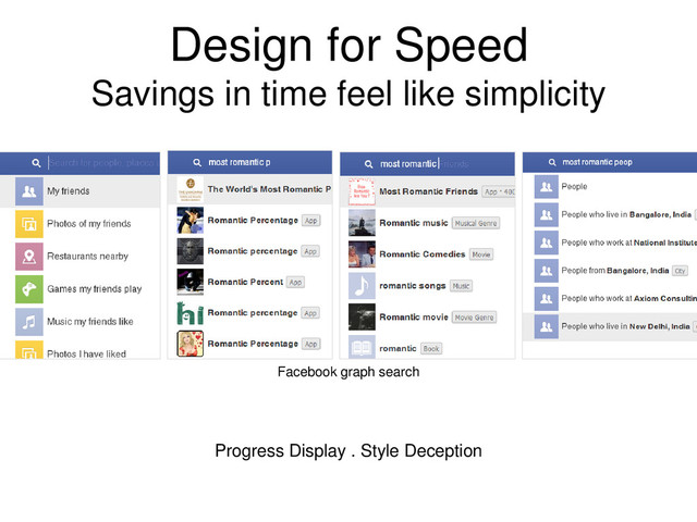 Design for Speed
Savings in time feel like simplicity
Progress Display . Style Deception
Facebook graph search
