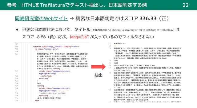 参考：HTMLをTraﬁlaturaでテキスト抽出し，日本語判定する例 22
岡崎研究室のWebサイト → 精密な日本語判定ではスコア 336.33（正）
● 迅速な日本語判定において，タイトル（配属希望の方へ | Okazaki Laboratory at Tokyo Institute of Technology）
は
スコア -8.86（負）だが，lang=”ja” が入っているのでフィルタされない
抽出
