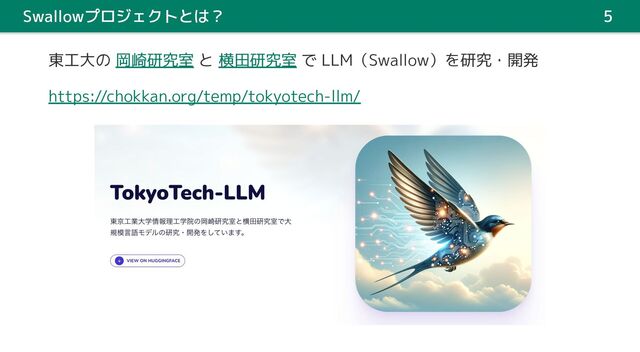 Swallowプロジェクトとは？ 5
東工大の 岡崎研究室 と 横田研究室 で LLM（Swallow）を研究・開発
https://chokkan.org/temp/tokyotech-llm/
