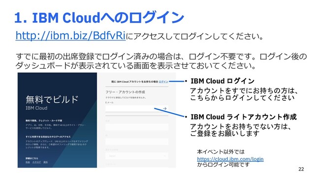 http://ibm.biz/BdfvRiにアクセスしてログインしてください。
すでに最初の出席登録でログイン済みの場合は、ログイン不要です。ログイン後の
ダッシュボードが表⽰されている画⾯を表⽰させておいてください。
• IBM Cloud ログイン
アカウントをすでにお持ちの方は、
こちらからログインしてください
• IBM Cloud ライトアカウント作成
アカウントをお持ちでない方は、
ご登録をお願いします
本イベント以外では
https://cloud.ibm.com/login
からログイン可能です
1. IBM Cloudへのログイン
22
