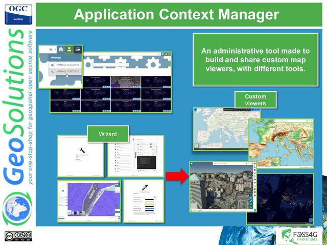 Application Context Manager
An administrative tool made to
build and share custom map
viewers, with different tools.
Wizard
Custom
viewers
