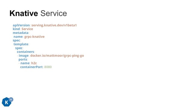 apiVersion: serving.knative.dev/v1beta1
kind: Service
metadata:
name: grpc-knative
spec:
template:
spec:
containers:
- image: docker.io/mattmoor/grpc-ping-go
ports:
- name: h2c
containerPort: 8080
Knative Service

