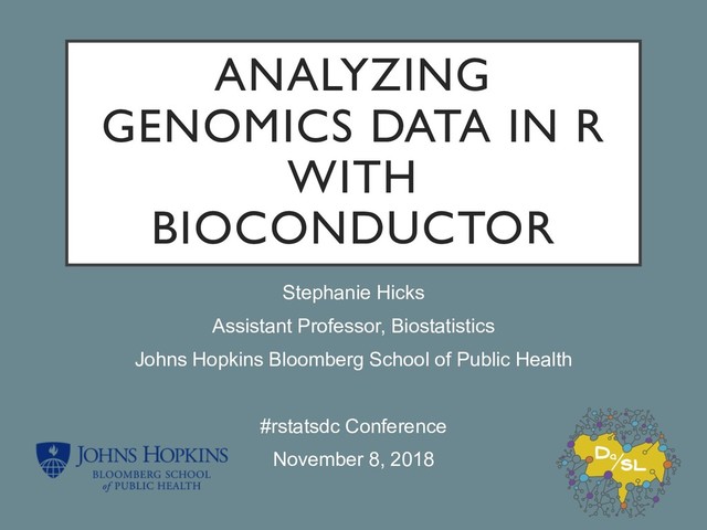 ANALYZING
GENOMICS DATA IN R
WITH
BIOCONDUCTOR
Stephanie Hicks
Assistant Professor, Biostatistics
Johns Hopkins Bloomberg School of Public Health
#rstatsdc Conference
November 8, 2018
