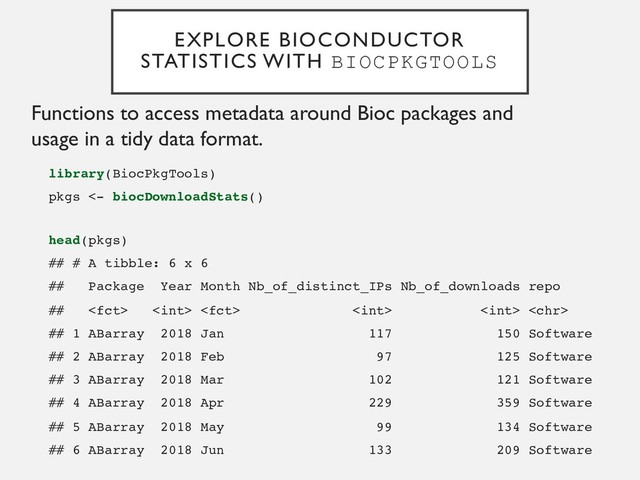 EXPLORE BIOCONDUCTOR
STATISTICS WITH BIOCPKGTOOLS
Functions to access metadata around Bioc packages and
usage in a tidy data format.
library(BiocPkgTools)
pkgs <- biocDownloadStats()
head(pkgs)
## # A tibble: 6 x 6
## Package Year Month Nb_of_distinct_IPs Nb_of_downloads repo
##      
## 1 ABarray 2018 Jan 117 150 Software
## 2 ABarray 2018 Feb 97 125 Software
## 3 ABarray 2018 Mar 102 121 Software
## 4 ABarray 2018 Apr 229 359 Software
## 5 ABarray 2018 May 99 134 Software
## 6 ABarray 2018 Jun 133 209 Software
