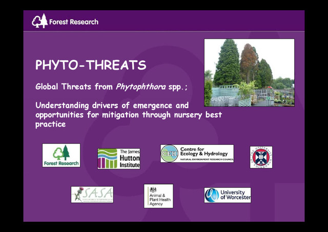 PHYTO-THREATS
Global Threats from Phytophthora spp.;
Understanding drivers of emergence and
opportunities for mitigation through nursery best
practice
