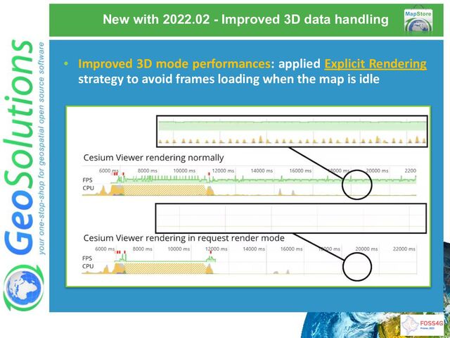 New with 2022.02 - Improved 3D data handling
• Improved 3D mode performances: applied Explicit Rendering
strategy to avoid frames loading when the map is idle
