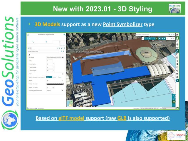 New with 2023.01 - 3D Styling
Based on glTF model support (raw GLB is also supported)
• 3D Models support as a new Point Symbolizer type
