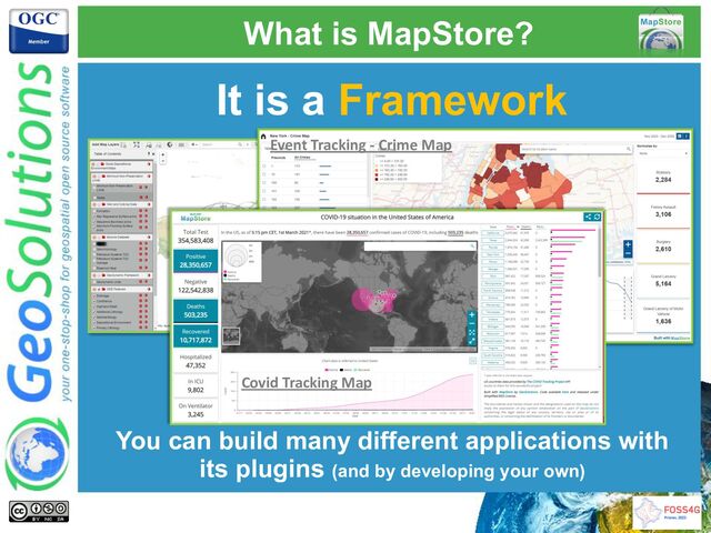 It is a Framework
You can build many different applications with
its plugins (and by developing your own)
Event Tracking - Crime Map
Covid Tracking Map
What is MapStore?
