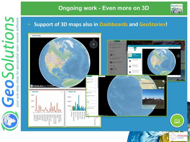 Ongoing work - Even more on 3D
• Support of 3D maps also in Dashboards and GeoStories!
Q3
