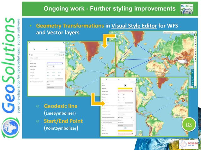 Ongoing work - Further styling improvements
• Geometry Transformations in Visual Style Editor for WFS
and Vector layers
○ Geodesic line
(LineSymbolizer)
○ Start/End Point
(PointSymbolizer) Q3
