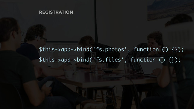 REGISTRATION
$this->app->bind('fs.photos', function () {});
$this->app->bind('fs.files', function () {});
