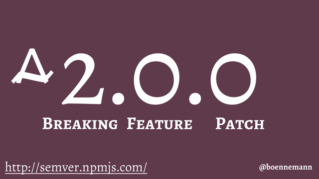 2.0.0
@boennemann
Breaking Feature Patch
http://semver.npmjs.com/
~
^
