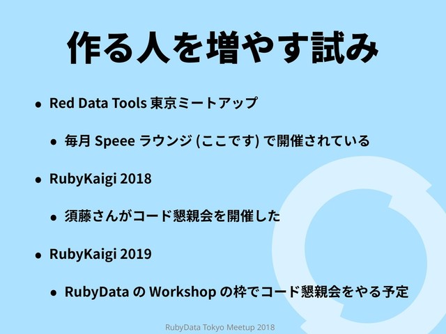 RubyData Tokyo Meetup 2018
⡲׷➂׾㟓װׅ鑐׫
˖ 3FE%BUB5PPMT匌❨ى٦ز،حف
˖ 嫣剢4QFFFٓؐٝآ ֿֿדׅ
דꟚ⪵ׁ׸גְ׷
˖ 3VCZ,BJHJ
˖ 갭谏ׁ׿ָ؝٦س䥪鋵⠓׾Ꟛ⪵׃׋
˖ 3VCZ,BJHJ
˖ 3VCZ%BUBך8PSLTIPQך単ד؝٦س䥪鋵⠓׾װ׷✮㹀
