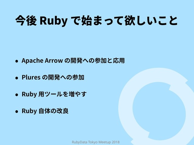 RubyData Tokyo Meetup 2018
➙䖓3VCZד㨣ת׏ג妜׃ְֿה
˖ "QBDIF"SSPXךꟚ涪פך⿫⸇ה䘔欽
˖ 1MVSFTךꟚ涪פך⿫⸇
˖ 3VCZ欽خ٦ٕ׾㟓װׅ
˖ 3VCZ荈⡤ך何葺
