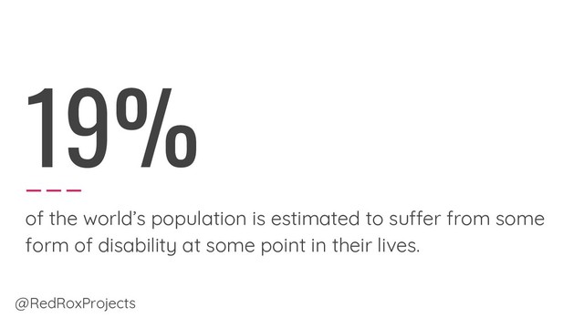 19%
of the world’s population is estimated to suffer from some
form of disability at some point in their lives.
@RedRoxProjects
